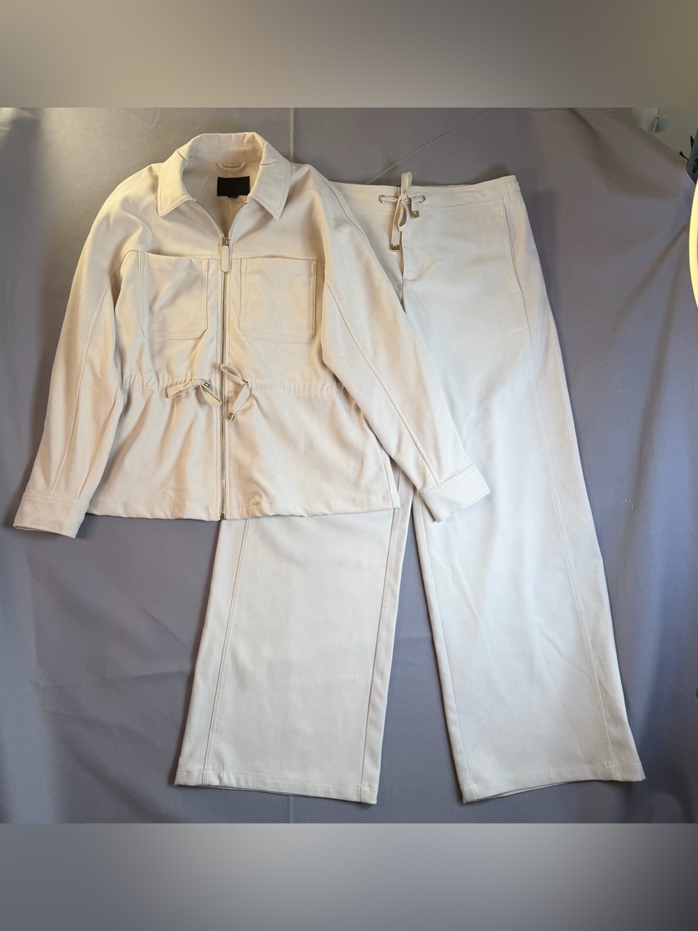 Zara Women's szM Cream Zip Jacket & Wide-Leg Pant Set Stretch Travel Safari